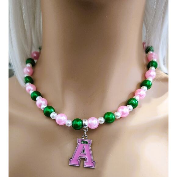 AKA Alpha Kappa Alpha Jewelry Set Pink and Green Necklace, Earrings, Bracelet - Picture 3 of 6